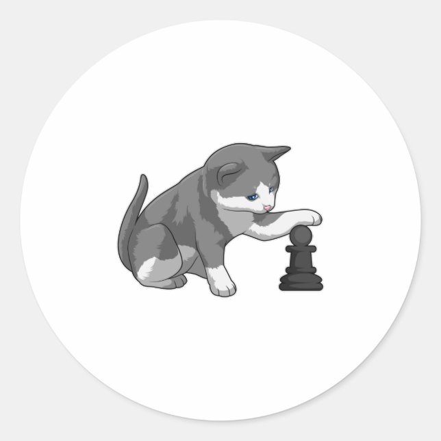 Sticker Rond Chat aux échecs avec pièce d'échecs Évêque (Devant)