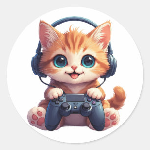 Sticker Rond Chat avec casque audio et manette de jeu