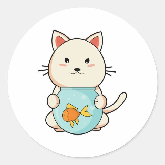 Sticker Rond Chat avec poisson en verre (Devant)