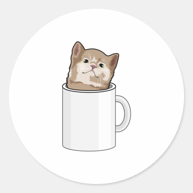 Sticker Rond Chat avec tasse de café (Devant)