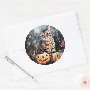 Sticker Rond Chat Bengale D'Halloween Avec Peur Citrouille