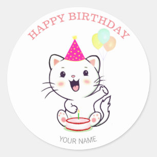 Sticker Rond Chat blanc avec ballons joyeux Anniversaire