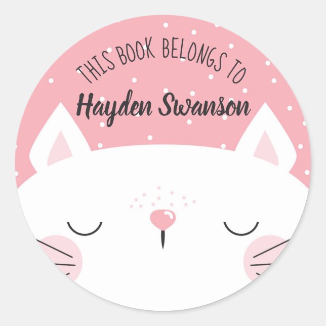 Sticker Rond Chat blanc et rose | Ce Livre Appartient À (Devant)