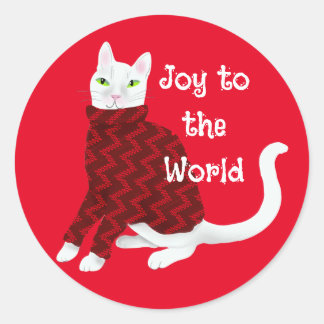 Sticker Rond Chat blanc mignon en Sweat de Noël Rouge