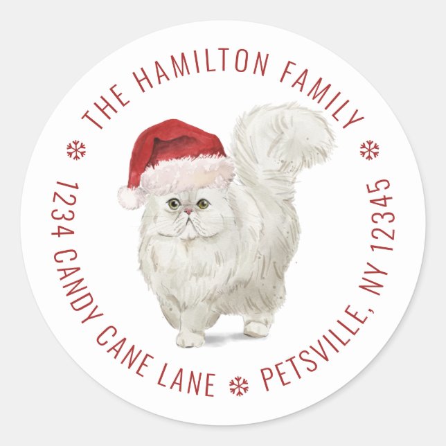 Sticker Rond Chat blanc mignon Santa Hat Christmas Retourner l' (Devant)