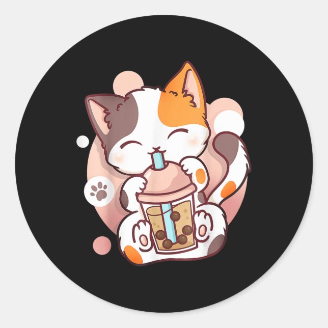 Sticker Rond Chat Boba Tea Buble Tea Anime Kawaii Neko (Devant)