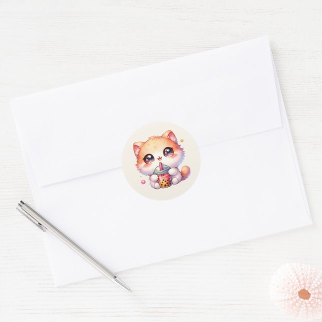 Sticker Rond Chat Boire Boba Cute Bubble Thé (Enveloppe)