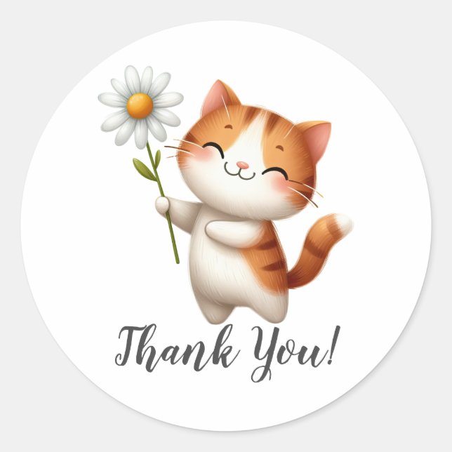 Sticker Rond Chat Brown gai tenant Merci de fleurs (Devant)