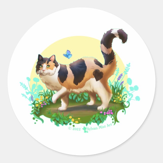 Sticker Rond Chat Calico Fluffy avec papillon (Devant)