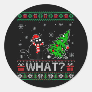Sticker Rond Chat Ce Chat Noir Drôle Poussant Arbre De Noël
