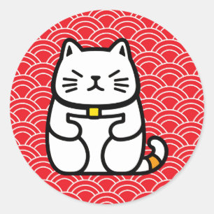 Sticker Rond Chat chanceux japonais ou Maneki-Neko