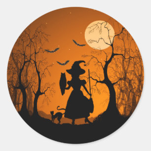 Sticker Rond Chat chauve-souris Halloween et lune