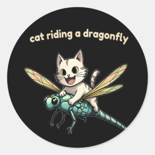 Sticker Rond Chat chevauchant une libellule, idée cadeau pour l