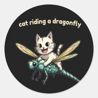 Sticker Rond Chat chevauchant une libellule, idée cadeau pour l
