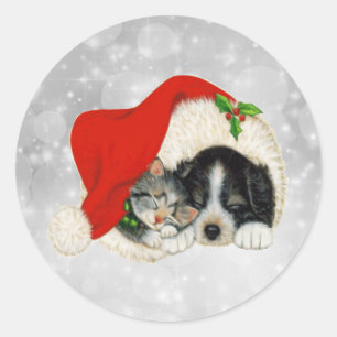 Sticker Rond Chat Chien Cute Père Noël Casquette Noël
