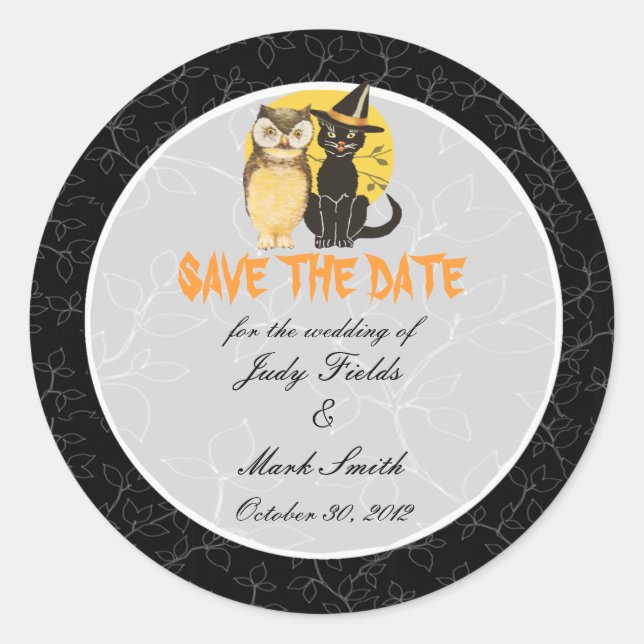 Sticker Rond Chat & Chouette Halloween Mariage Enregistrer La D (Devant)