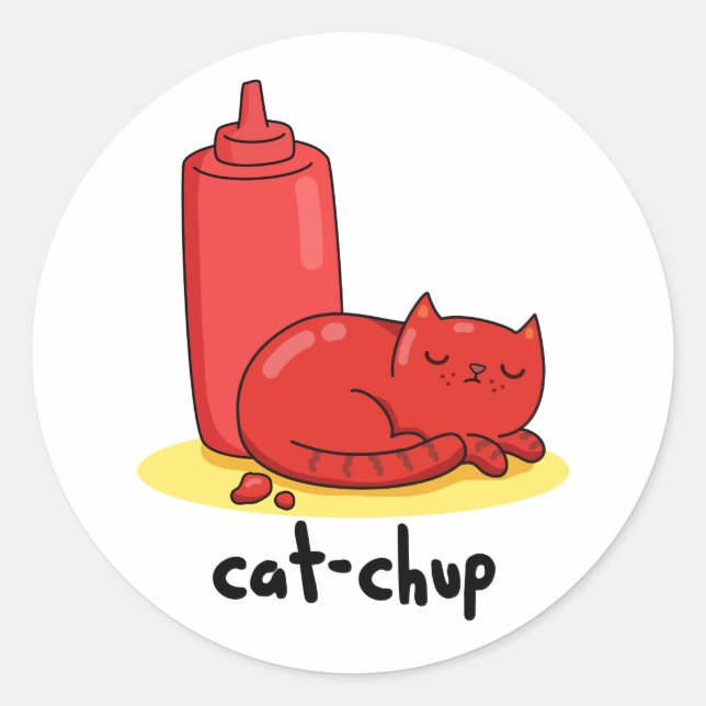 Sticker Rond Chat-chup Funny Red Ketchup Pun de chat (Devant)