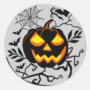Sticker Rond Chat Citrouille de Corbeau d'Halloween