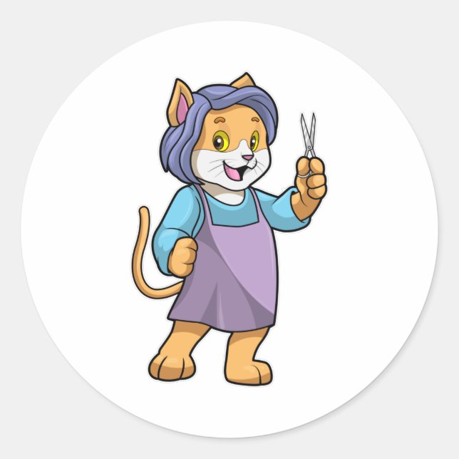 Sticker Rond Chat coiffeur avec ciseaux (Devant)