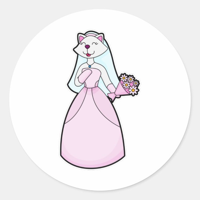 Sticker Rond Chat comme mariée avec bouquet de fleurs (Devant)