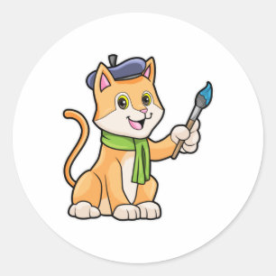 Sticker Rond Chat comme Peintre avec pinceau et écusson