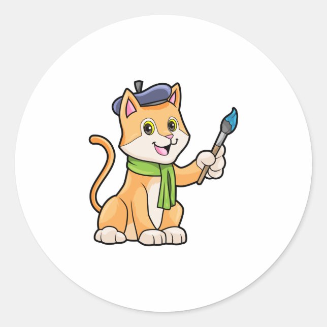 Sticker Rond Chat comme Peintre avec pinceau et écusson (Devant)