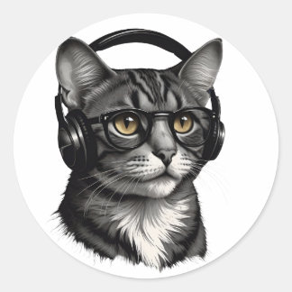 STICKER ROND CHAT COOL PORTANT LE TÉLÉPHONE