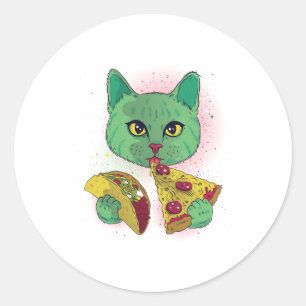 Sticker Rond Chat cosmique mangeant Pizza et Taco
