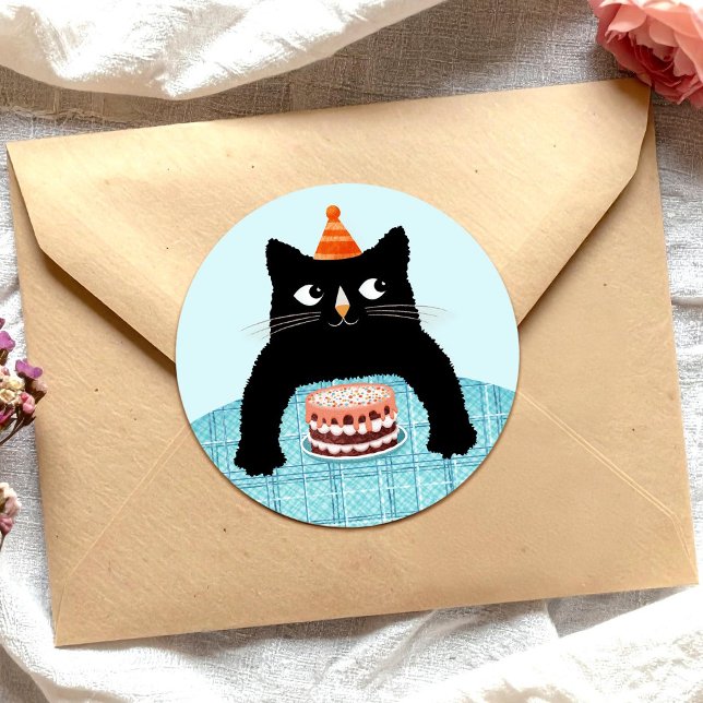 Sticker Rond Chat d'anniversaire avec gâteau d'anniversaire et  (Créateur téléchargé)