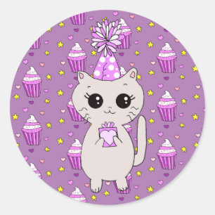 Sticker Rond Chat d'anniversaire mignon violet