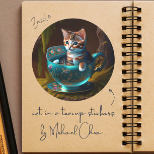 Sticker Rond Chat dans une théière   Kitten dans un sac à thé