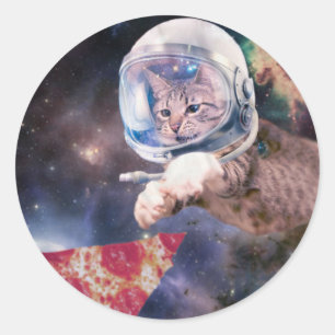 Sticker Rond Chat d'astronaute chassant une tranche de pizza