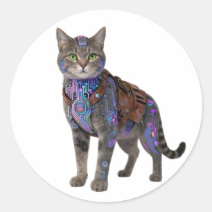Sticker Rond Chat de circuit cyberpunk – Bête de technologie né