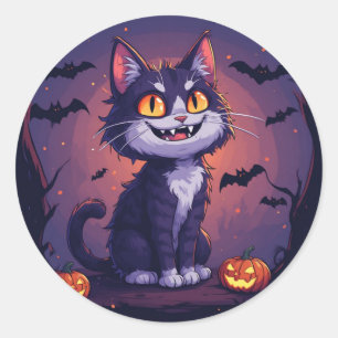 Sticker Rond Chat de Halloween joueur avec citrouilles et chauv