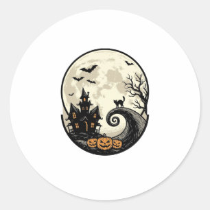 Sticker Rond Chat de Halloween Vintage Maison Hantée Lune Vecte