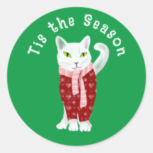 Sticker Rond Chat de Noël blanc en Sweat de vacances sur mesure