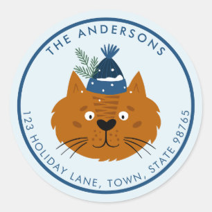 Sticker Rond Chat de Noël mignon en Casquette Knit bleu personn