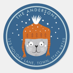 Sticker Rond Chat de Noël mignon en Casquette orange Bleu perso
