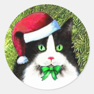 Sticker Rond Chat de Noël Tuxedo avec chou