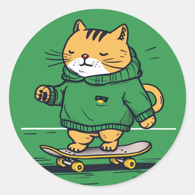 Sticker Rond Chat De Patinage Sympa Sur Skateboard (Devant)