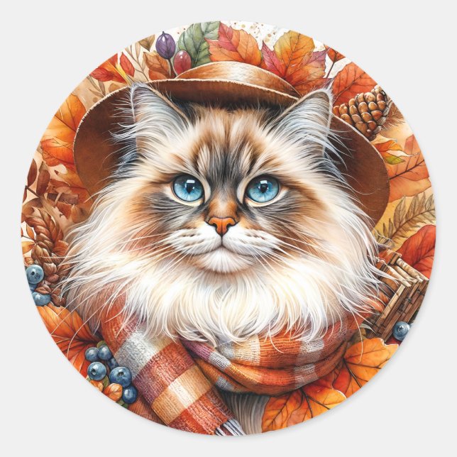 Sticker Rond Chat De Poupée En Écharpe D'Automne Avec Feuilles  (Devant)