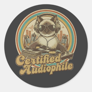 Sticker Rond Chat de style vintage écoutant des disques vinyles
