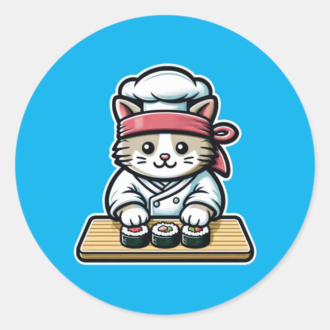 Sticker Rond Chat de sushi - Chat mignonne et amusante faisant  (Devant)