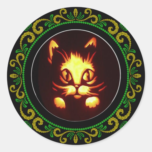 Sticker Rond Chat d'Halloween jaune vert orange brillant (Devant)
