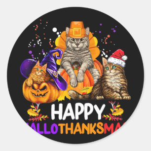 Sticker Rond Chat drôle Hallothanksmas Halloween Thanksgiv