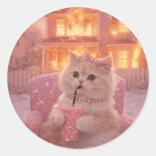 Sticker Rond Chat élégant en talons roses et glamour duveteux