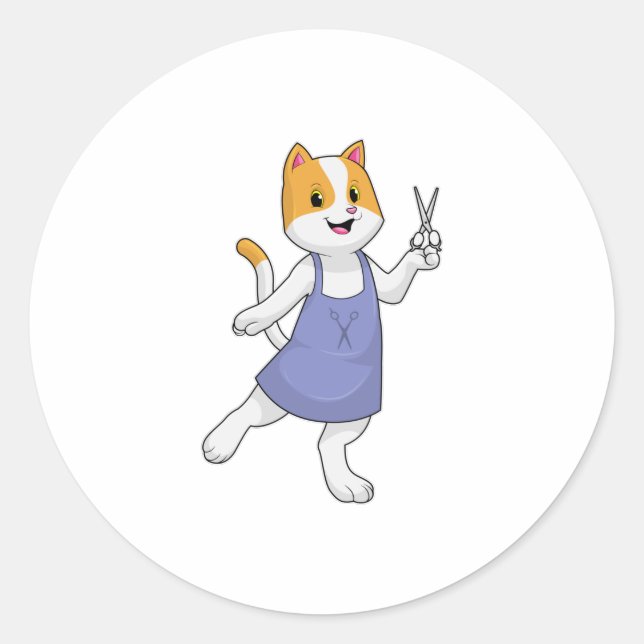 Sticker Rond Chat en coiffeur avec ciseaux (Devant)