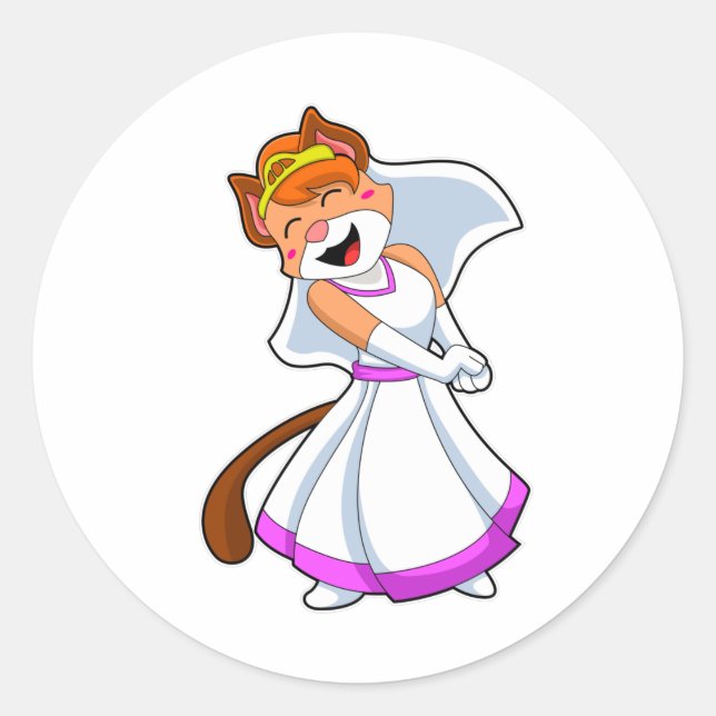 Sticker Rond Chat en Mariée avec robe Mariage et couronne (Devant)