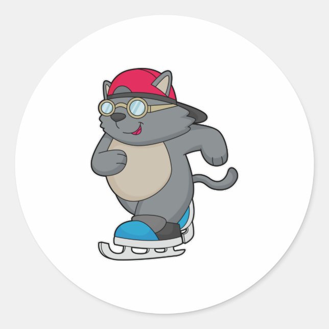 Sticker Rond Chat en patinage sur glace avec patins sur glace (Devant)
