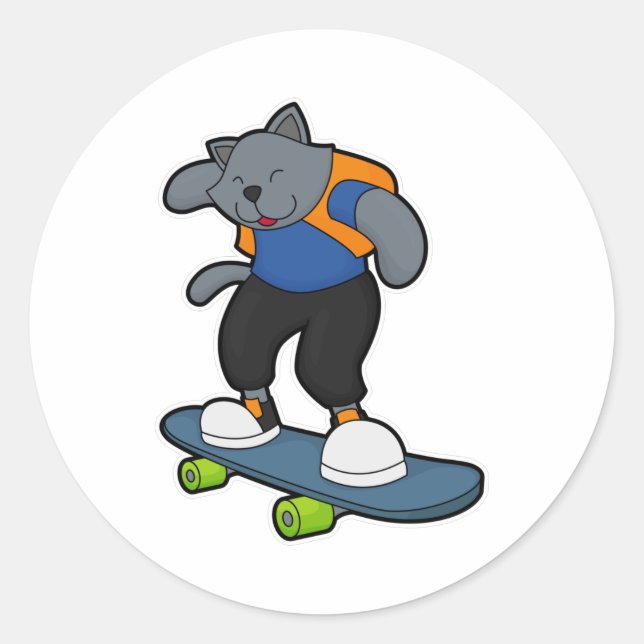 Sticker Rond Chat en Skateboard avec Skateboard (Devant)